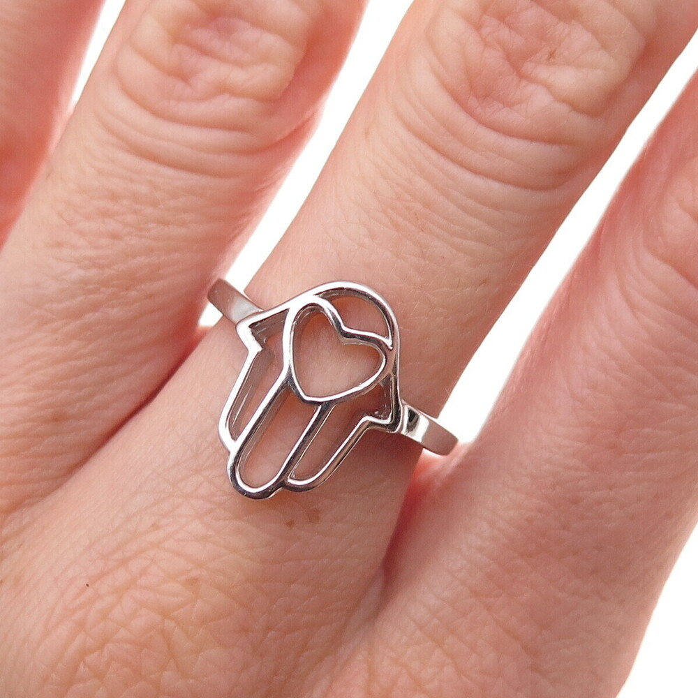 925 Sterling Silver Heart Hamsa Amulet Ring Size 7